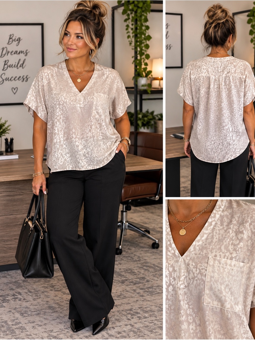 Women's Cream V-Neck Satin Leopard Pocket Top